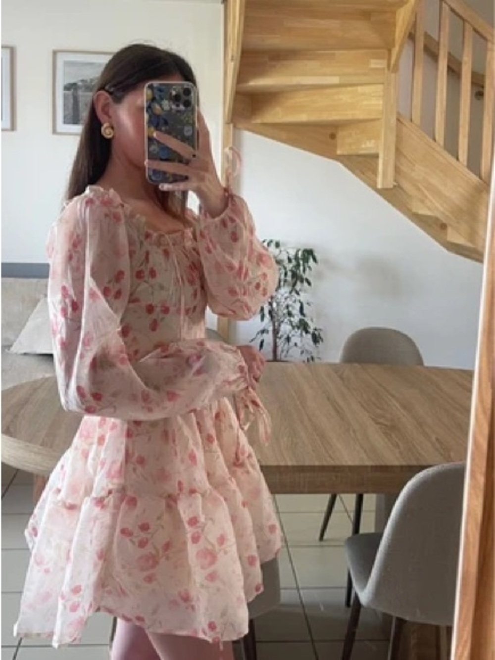 Cider Dress Cream Pink Floral Tiered Ruffle Girly Coquette Feminine Dainty Small